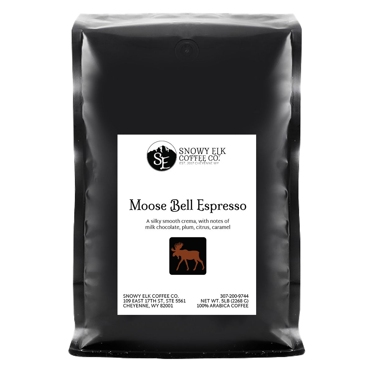 Packaging of Snowy Elk Coffee Co. Moose Bell Espresso, showing a bag of medium roast espresso coffee. Packaging of Snowy Elk Coffee Co. Moose Bell Espresso, showing a bag of medium roast espresso coffee.