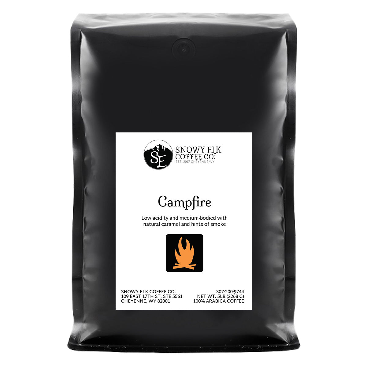 Packaging of Snowy Elk Coffee Co. Campfire, showing a bag of dark roast coffee. Packaging of Snowy Elk Coffee Co. Campfire, showing a bag of dark roast coffee.