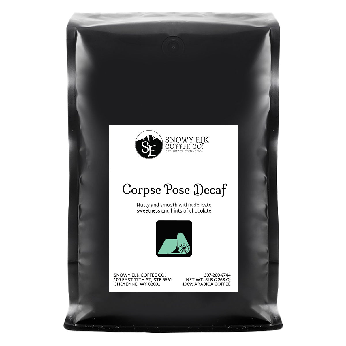 A bag of Snowy Elk Coffee Co. Corpse Pose Decaf coffee with a label showing a mountain and a deer, indicating the product is a medium roast decaffeinated coffee from Peru.