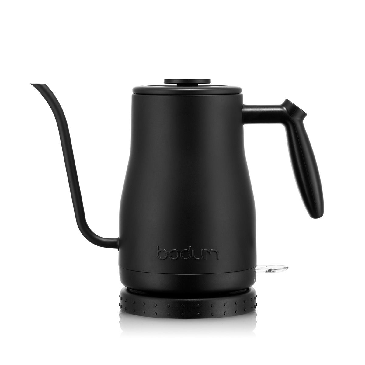 A black BODUM electric gooseneck water kettle with a slim spout and ergonomic handle. A black BODUM electric gooseneck water kettle with a slim spout and ergonomic handle.