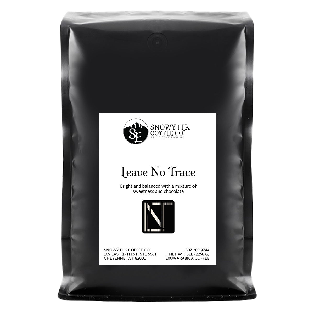 A bag of Snowy Elk Coffee Co. coffee with a label that includes a deer and the text 'Leave No Trace', indicating a medium roast level.