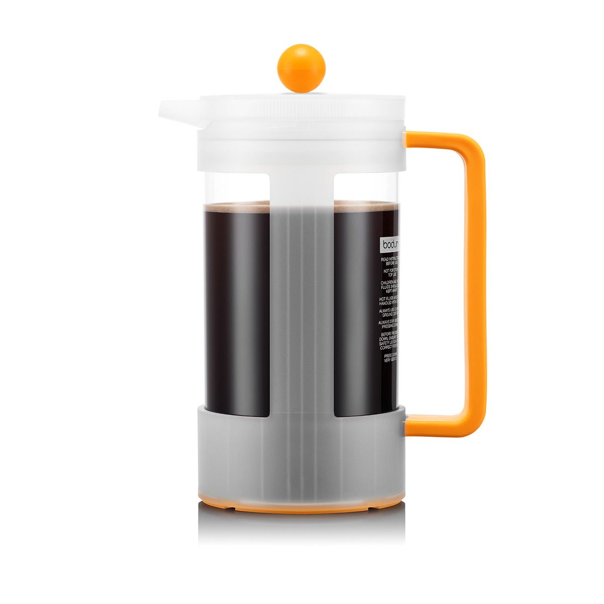 French press coffee maker with orange handle and lid on a white background French press coffee maker with orange handle and lid on a white background