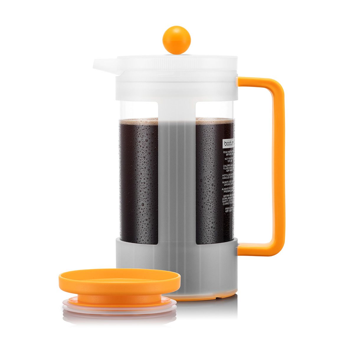 French press coffee maker with orange handle and lid on a white background French press coffee maker with orange handle and lid on a white background