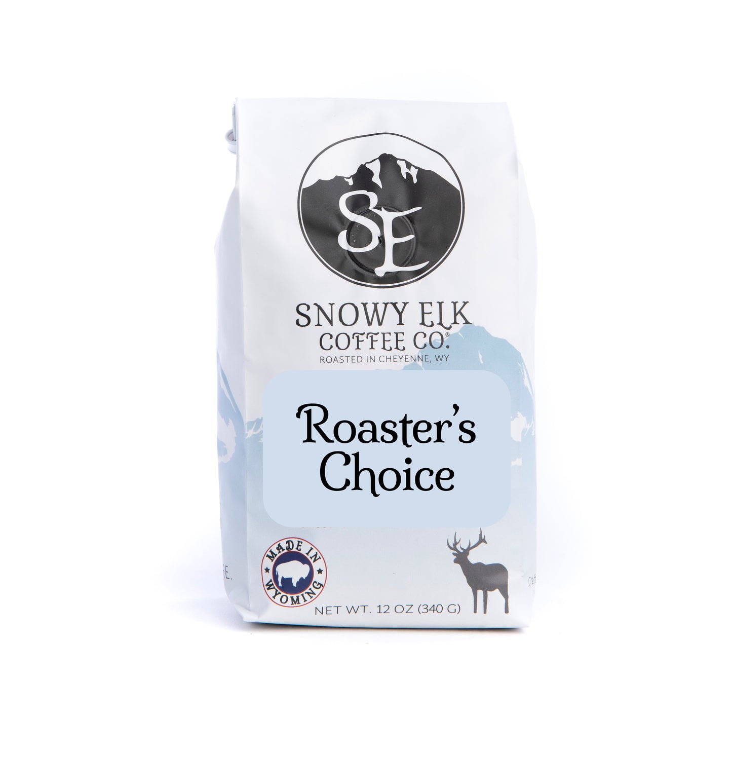 A bag of Snowy Elk Coffee Co. Roaster's Choice coffee, showing the brand logo, the product name, and the net weight. A bag of Snowy Elk Coffee Co. Roaster's Choice coffee, showing the brand logo, the product name, and the net weight.