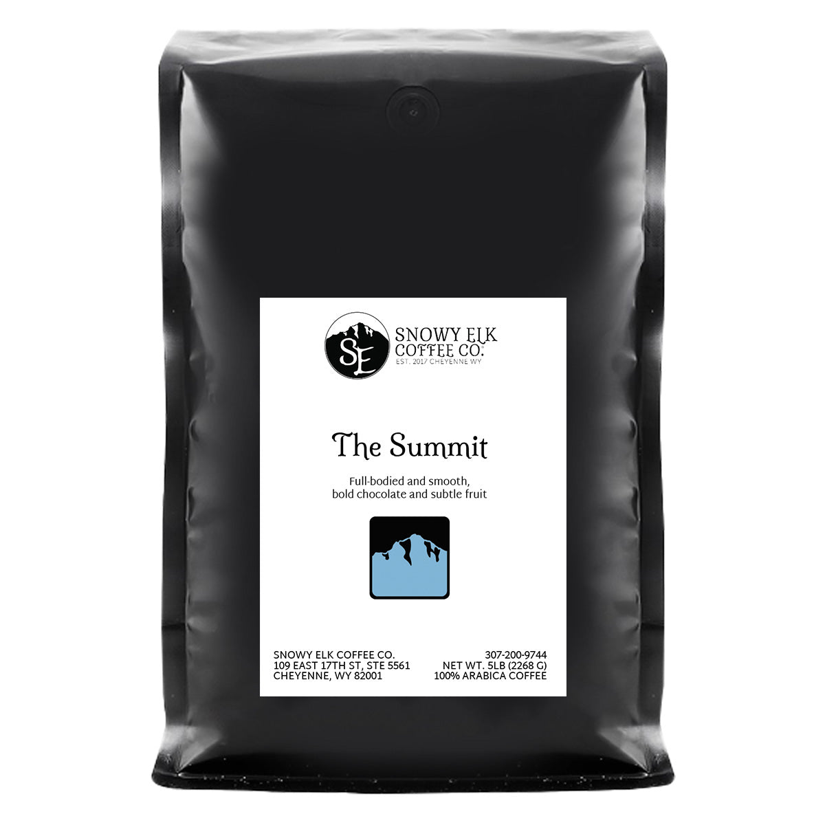 Packaging of Snowy Elk Coffee Co., featuring 'The Summit' dark roast coffee.