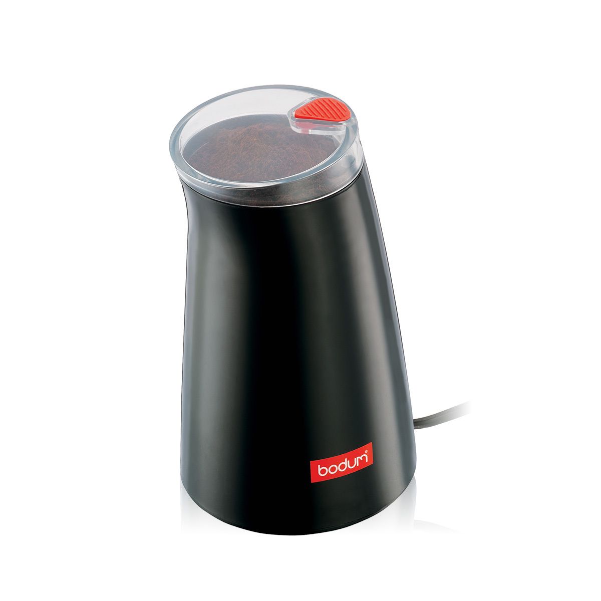 A small black coffee grinder with red accents on a white background A small black coffee grinder with red accents on a white background