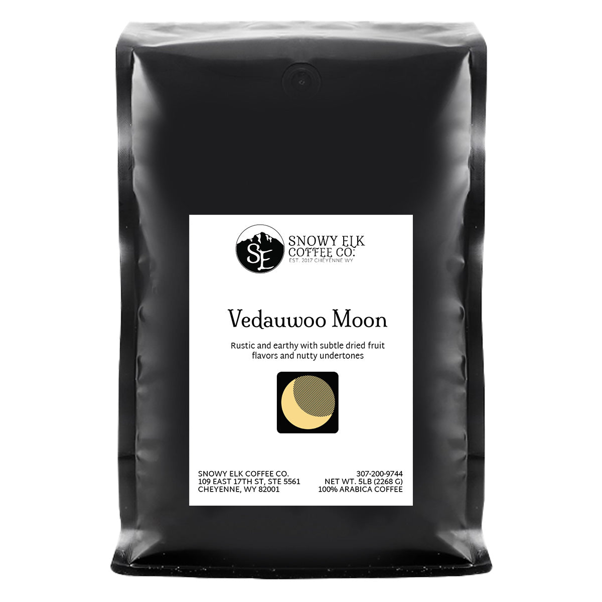 A packaged bag of Snowy Elk Coffee Co.'s Vedauwoo Moon coffee, which is a dark roast. A packaged bag of Snowy Elk Coffee Co.'s Vedauwoo Moon coffee, which is a dark roast.