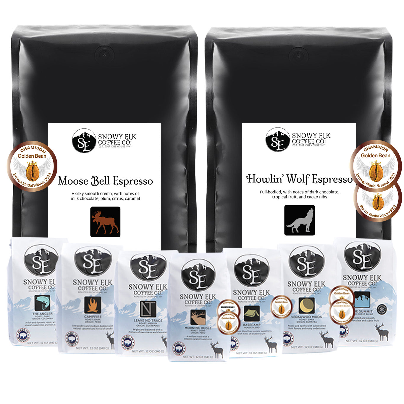 Two coffee bags labeled 'Moose Bell Espresso' and 'Howlin' Wolf Espresso' with a display of smaller coffee packages below on a white background.