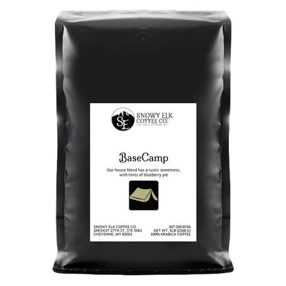 Packaging of Snowy Elk Coffee Co. BaseCamp, showing a bag of medium roast coffee.