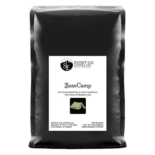 Packaging of Snowy Elk Coffee Co. BaseCamp, showing a bag of medium roast coffee.