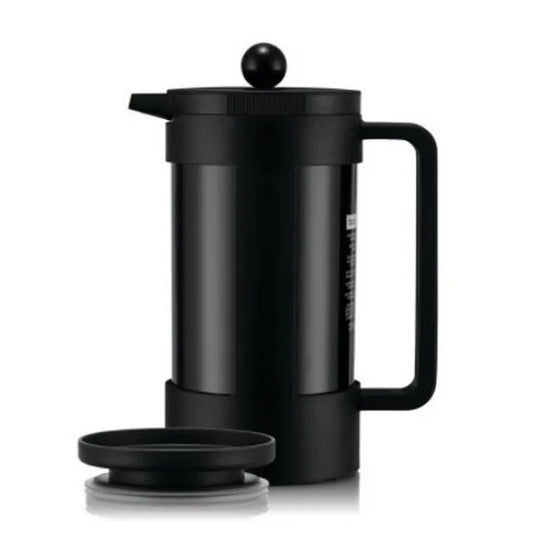 Black French press coffee maker on a white background