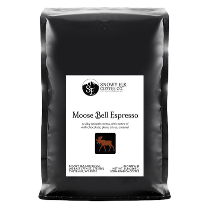 Packaging of Snowy Elk Coffee Co. Moose Bell Espresso, showing a bag of medium roast espresso coffee.