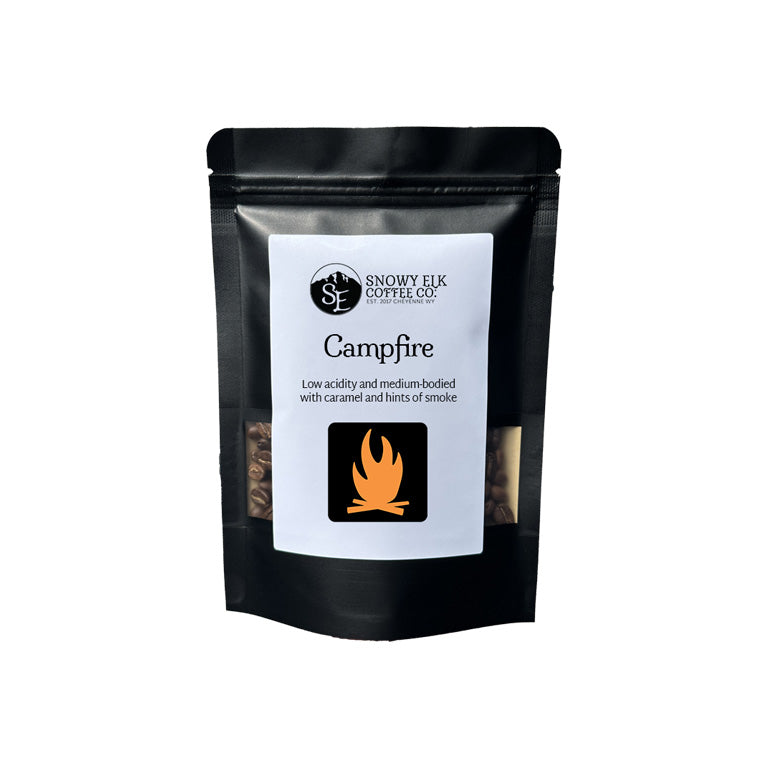 Black coffee packaging with 'Snowy Elk Coffee Co.' label on a white background