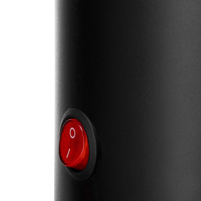A side close up of the black grinder's red on/off switch