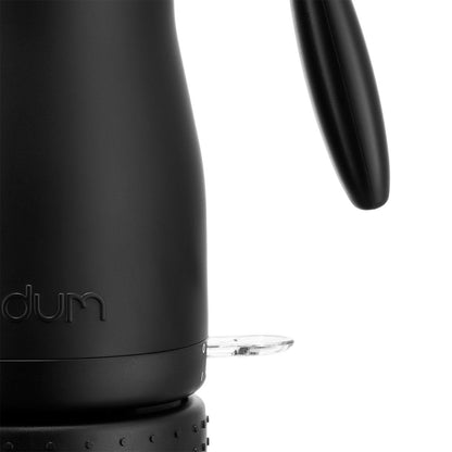 A black kettle handle on a white background with a clear flat on switch