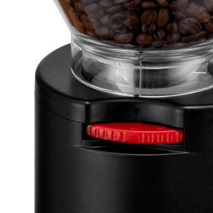 A close up of the red grind size adjustment wheel on the burr grinder