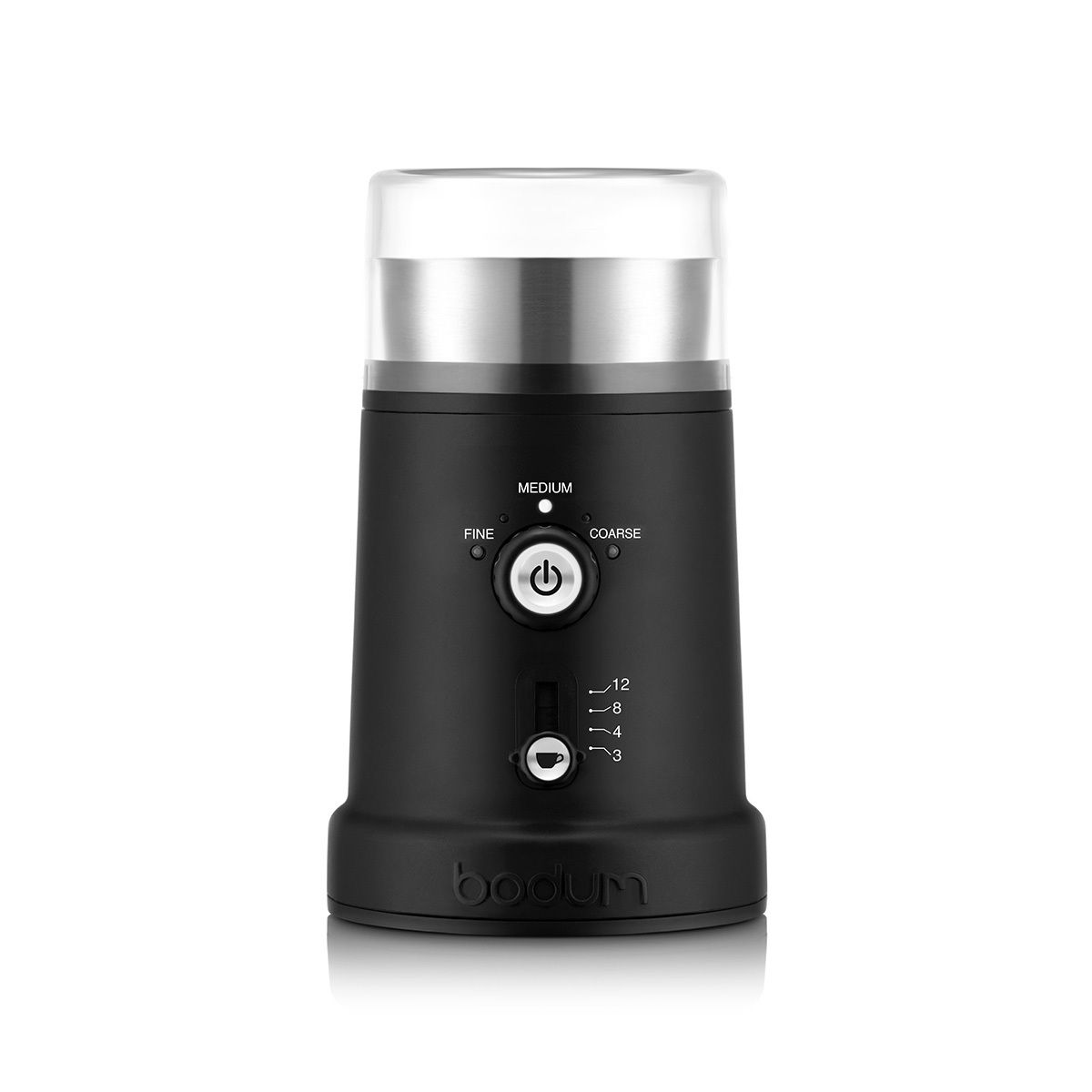 A black BODUM BISTRO electric coffee blade grinder with adjustable settings displayed on the front panel, including 'Fine', 'Medium', 'Coarse', and 'Regular'. The grinder has a stainless steel top and a black base.