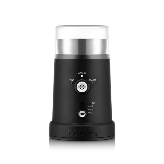 A black BODUM BISTRO electric coffee blade grinder with adjustable settings displayed on the front panel, including 'Fine', 'Medium', 'Coarse', and 'Regular'. The grinder has a stainless steel top and a black base.