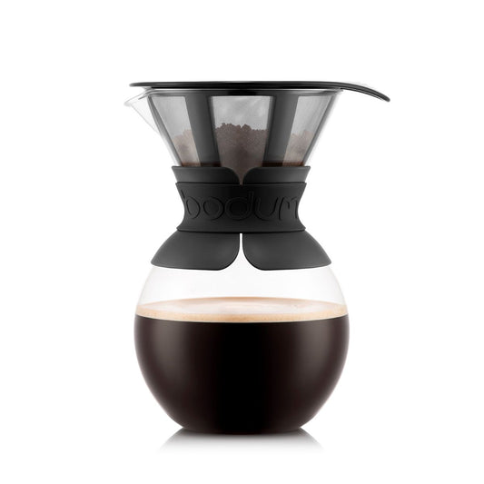 A BODUM Pour Over coffee maker with a black handle and clear glass body filled with coffee.