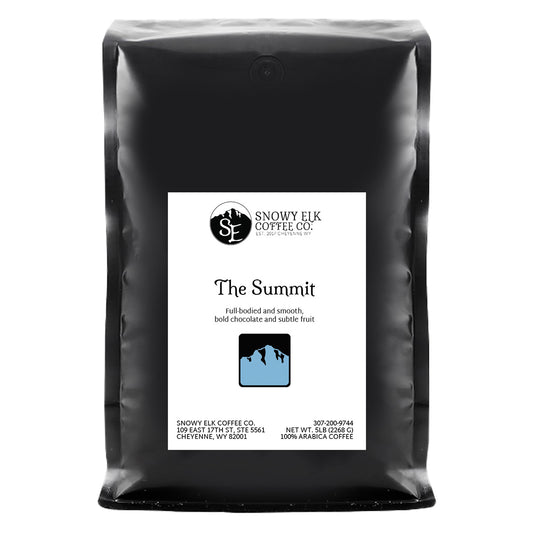 Packaging of Snowy Elk Coffee Co., featuring 'The Summit' dark roast coffee.