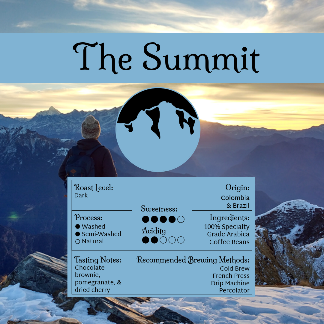 Person at a mountain summit with 'The Summit' coffee label overlay