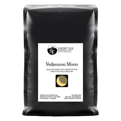 A packaged bag of Snowy Elk Coffee Co.'s Vedauwoo Moon coffee, which is a dark roast.