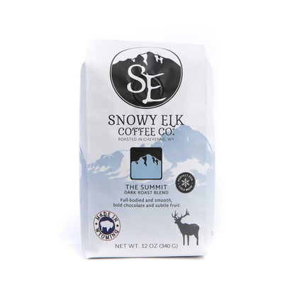 Packaging of Snowy Elk Coffee Co., featuring 'The Summit' dark roast coffee.