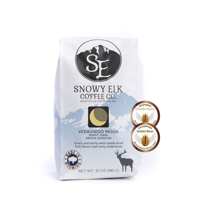 A packaged bag of Snowy Elk Coffee Co.'s Vedauwoo Moon coffee, which is a dark roast.